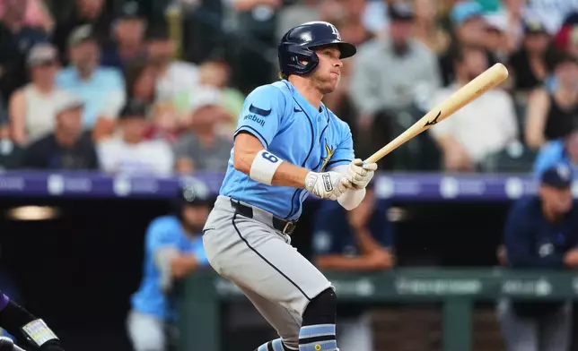Tampa Bay Rays' Taylor Walls follows the flight of his two-run single off Colorado Rockies starting pitcher Michael Lorenzen in the second inning of a baseball game, Monday, Aug. 3, 2026, in Denver. (AP Photo/David Zalubowski)