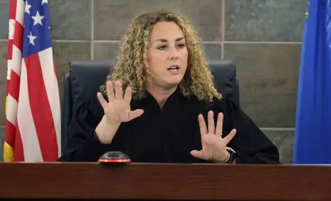 District Court Judge Carli Kierny delivers her initial jury instructions during the fourth day of jury selection in Duane Davis' murder trial in Clark County District Court at the Regional Justice Center on Thursday, Aug. 13, 2026, in Las Vegas. Davis was indicted on murder charges for his involvement in the killing of rapper Tupac Shakur in 1996. (Bizuayehu Tesfaye/Pool, Las Vegas Review-Journal via AP, Pool)