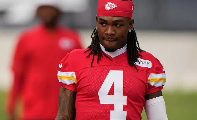 Kansas City Chiefs wide receiver Rashee Rice arrives at NFL football training camp Wednesday, July 29, 2026, in St. Joseph, Mo. (AP Photo/Charlie Riedel)