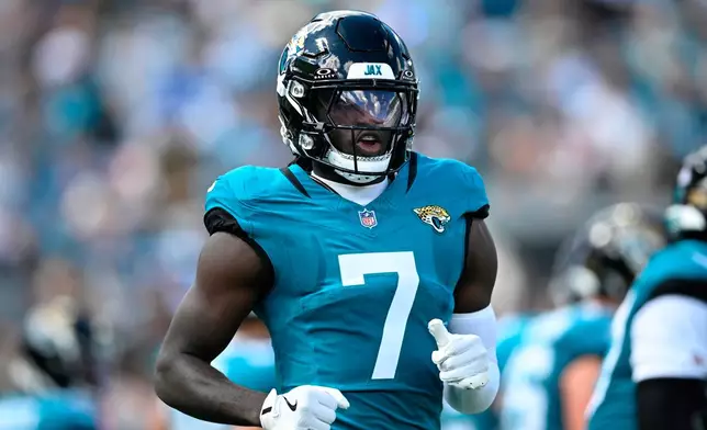 FILE - Jacksonville Jaguars wide receiver Brian Thomas Jr. (7) sets up for a play against the Seattle Seahawks during the first half of an NFL football game, Oct. 12, 2025, in Jacksonville, Fla. (AP Photo/Phelan M. Ebenhack, File)