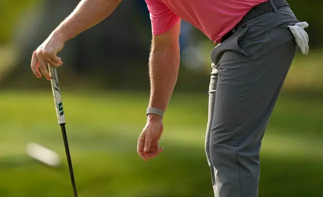 Rory McIlroy, of Northern Ireland, reacts to a missed putt on the first green during the first round of the St. Jude Championship golf tournament, Thursday, Aug. 13, 2026, in Memphis, Tenn. (AP Photo/George Walker IV)
