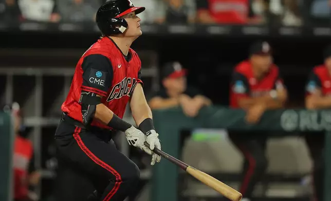 Chicago White Sox' Sam Antonacci flies out to Cleveland Guardians' Steven Kwan during the eighth inning of a baseball game, Friday, Aug. 7, 2026, in Chicago. (AP Photo/Melissa Tamez)