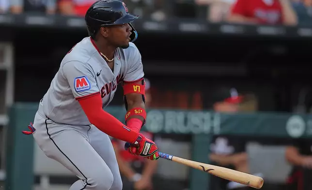 Cleveland Guardians' Angel Martínez watches his two-run RBI single during the first inning of a baseball game against the Chicago White Sox, Friday, Aug. 7, 2026, in Chicago. (AP Photo/Melissa Tamez)