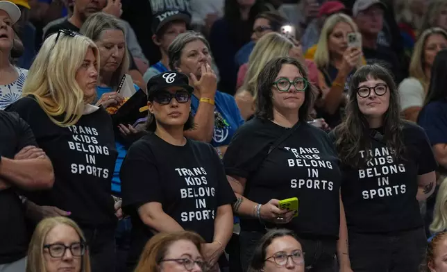 Fans wear shirts saying "Trans Kids Belong In Sports" during a WNBA basketball game between the Minnesota Lynx and the Indiana Fever Sunday, Aug. 2, 2026, in Minneapolis. (AP Photo/Abbie Parr)