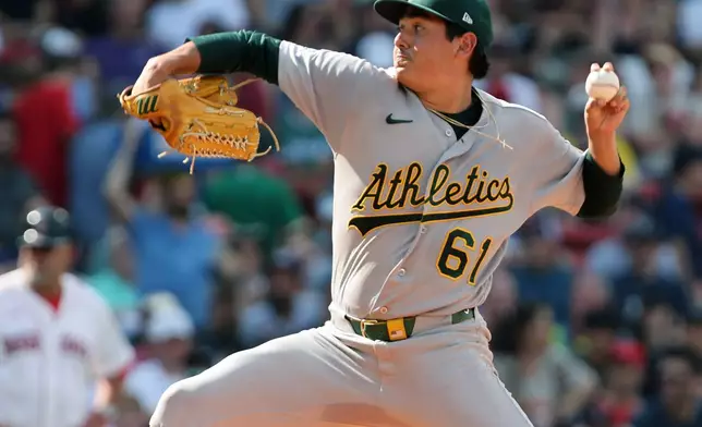 Athletics starting pitcher Gage Jump throws during the second inning of a baseball game vs. the Boston Red Sox , Saturday Aug 8, 2026 in Boston. (AP Photo/Jim Davis)