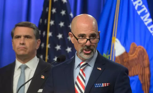 Drug Enforcement Agency Administrator Terry Cole, right, is joined by Acting Attorney General Todd Blanche, left, as he speaks during a news conference at the Department of Justice, Wednesday, August 5, 2026 in Washington. (AP Photo/Rod Lamkey, Jr.)
