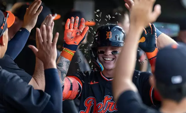 Detroit Tigers' Max Clark celebrates after hitting a two-run home run during the sixth inning of a baseball game against the Athletics Saturday, Aug. 1, 2026, in West Sacramento, Calif. (AP Photo/Sara Nevis)