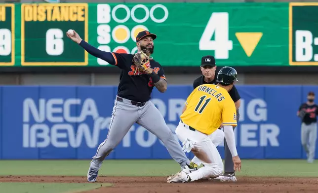 Detroit Tigers second baseman Gleyber Torres, left, attempts to turn a double play after getting Athletics' Jonathan Ornelas (11) out during the fourth inning of a baseball game Saturday, Aug. 1, 2026, in West Sacramento, Calif. (AP Photo/Sara Nevis)