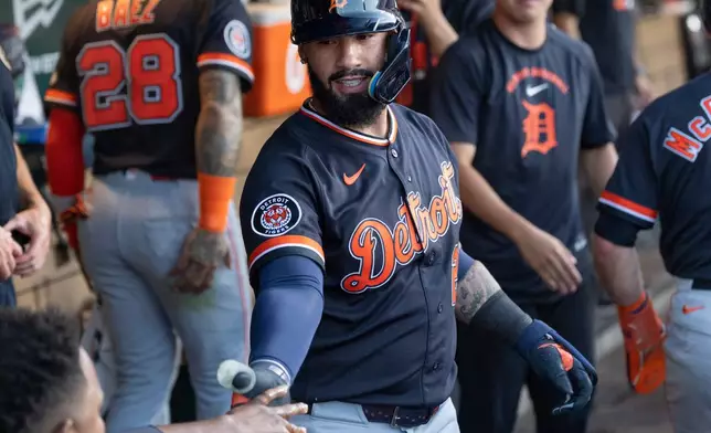 Detroit Tigers' Gleyber Torres celebrates after hitting a two-run home run during the fifth inning of a baseball game against the Athletics Saturday, Aug. 1, 2026, in West Sacramento, Calif. (AP Photo/Sara Nevis)