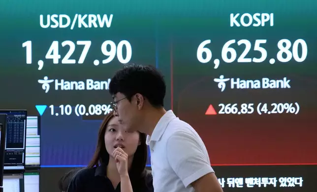 Currency traders work near a screen showing the Korea Composite Stock Price Index (KOSPI) and the foreign exchange rate between U.S. dollar and South Korean won at the foreign exchange dealing room of the Hana Bank headquarters in Seoul, South Korea, Wednesday, Aug. 5, 2026. (AP Photo/Ahn Young-joon)