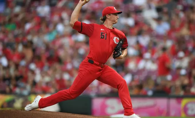 Cincinnati Reds' Brady Singer pitches during the first inning of a baseball game against the Miami Marlins on Saturday, Aug. 15, 2026 in Cincinnati. (AP Photo/Tanner Pearson)