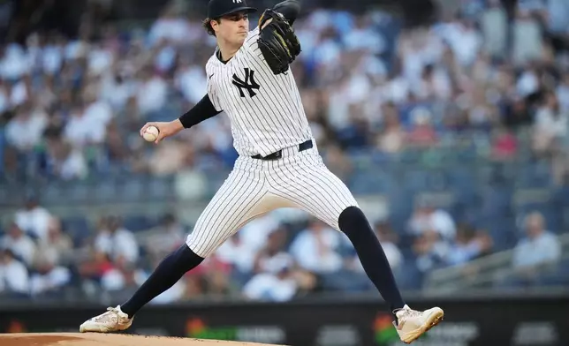 New York Yankees' Cam Schlittler pitches during the first inning of a baseball game against the St. Louis Cardinals Monday, Aug. 3, 2026, in New York. (AP Photo/Frank Franklin II)