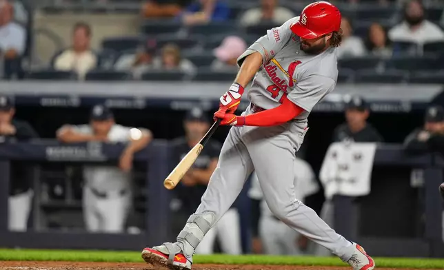 St. Louis Cardinals' Alec Burleson (41) hits a two-run home run during the eighth inning of a baseball game against the New York Yankees Monday, Aug. 3, 2026, in New York. (AP Photo/Frank Franklin II)