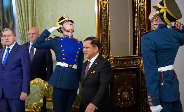 Myanmar President Min Aung Hlaing enters a hall for a meeting with Russian President Vladimir Putin at the Grand Kremlin Palace, in Moscow, Tuesday, Aug. 18, 2026. (AP Photo/Alexander Zemlianichenko, Pool)