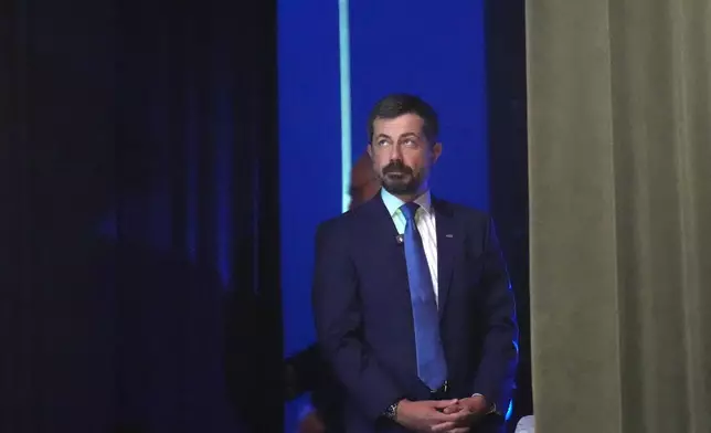 Former Transportation Secretary Pete Buttigieg waits to be introduced at the South Carolina Democratic Party's Spratt Issues Conference, Saturday, Aug. 22, 2026, in Florence, S.C. (AP Photo/Meg Kinnard)