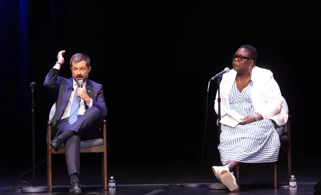 Former Transportation Secretary Pete Buttigieg, left, gestures as he speaks at the South Carolina Democratic Party's Spratt Issues Conference alongside South Carolina Democratic Party chair Christale Spain, Saturday, Aug. 22, 2026, in Florence, S.C. (AP Photo/Meg Kinnard)