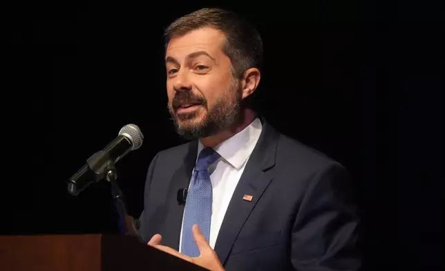 Former Transportation Secretary Pete Buttigieg speaks to attendees at the South Carolina Democratic Party's Spratt Issues Conference on Saturday, Aug. 22, 2026, in Florence, S.C. (AP Photo/Meg Kinnard)
