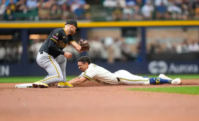 Pittsburgh Pirates second baseman Brandon Lowe, left, is late to the tag as Milwaukee Brewers' David Hamilton, right, steals second base during the third inning of a baseball game Thursday, Aug. 6, 2026, in Milwaukee. (AP Photo/Kayla Wolf)