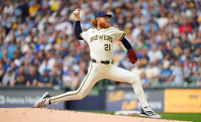 Milwaukee Brewers pitcher Dustin May throws during the third inning of a baseball game against the Pittsburgh Pirates Thursday, Aug. 6, 2026, in Milwaukee. (AP Photo/Kayla Wolf)