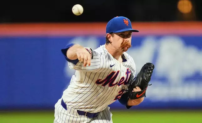 New York Mets' Nolan McLean pitches during the second inning of a baseball game against the San Diego Padres Monday, Aug. 17, 2026, in New York. (AP Photo/Frank Franklin II)