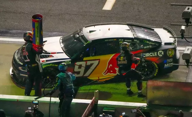 Shane Van Gisbergen (97) comes in for a pit stop during the NASCAR auto race at Daytona International Speedway, Saturday, Aug. 29, 2026, in Daytona Beach, Fla. (AP Photo/John Raoux)