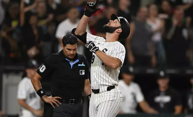 Chicago White Sox's Tristan Peters celebrates after hitting a two-run home during the fifth inning of a baseball game against the Texas Rangers in Chicago, Wednesday, Aug. 26, 2026. (AP Photo/Paul Beaty)