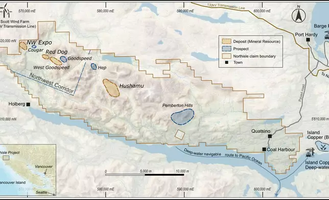 Figure 1: North Island Project Showing Location of Deposits and Prospects. Coordinates are reported in UTM Zone 9 North (NAD83 CRS, VD CVG28BC) with units in metres.