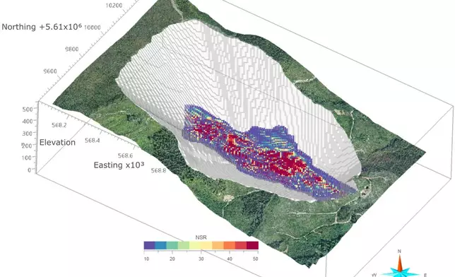 Figure 2: Northwest Expo Resource Shell and Block Model Showing NSR/tonne. Coordinates are reported in UTM Zone 9 North (NAD83 CRS, VD CVG28BC) with units in metres.
