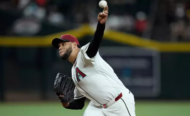Arizona Diamondbacks starting pitcher Eduardo Rodriguez throws against the San Diego Padres during the first inning of a baseball game, Tuesday, Aug. 4, 2026, in Phoenix. (AP Photo/Ross D. Franklin)