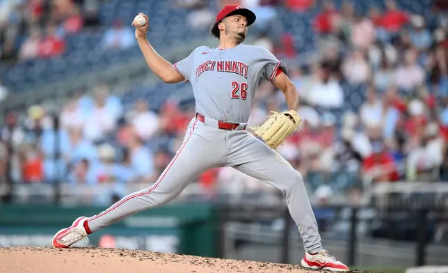 Cincinnati Reds pitcher Chase Burns throws during the third inning of a baseball game against the Washington Nationals, Saturday, Aug. 8, 2026, in Washington. (AP Photo/Nick Wass)