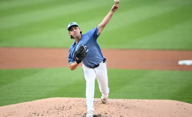 Washington Nationals pitcher Andrew Alvarez throws during the second inning of a baseball game against the Cincinnati Reds, Saturday, Aug. 8, 2026, in Washington. (AP Photo/Nick Wass)