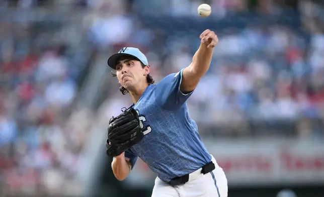 Washington Nationals pitcher Andrew Alvarez throws during the third inning of a baseball game against the Cincinnati Reds, Saturday, Aug. 8, 2026, in Washington. (AP Photo/Nick Wass)