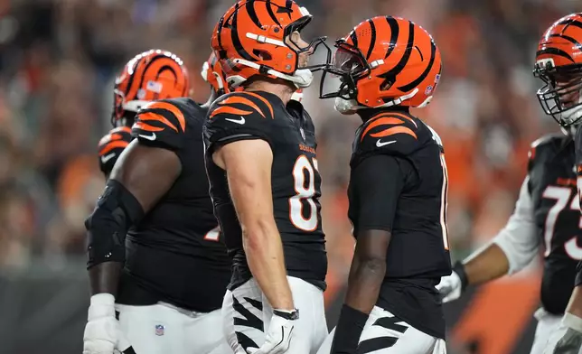 Cincinnati Bengals tight end Tanner Hudson (87) and Cincinnati Bengals quarterback Josh Johnson (11) celebrate after Hudson scored a touchdown during the first half of a preseason NFL football game against the Chicago Bears on Saturday, Aug. 22, 2026, in Cincinnati. (AP Photo/Joshua A. Bickel)