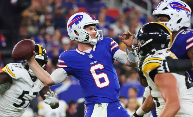 Buffalo Bills quarterback Shane Buechele (6) throws a pass in the second half of a preseason NFL football game against the Pittsburgh Steelers in Orchard Park, NY., Thursday, Aug. 27, 2026. (AP Photo/Jeffrey T. Barnes)