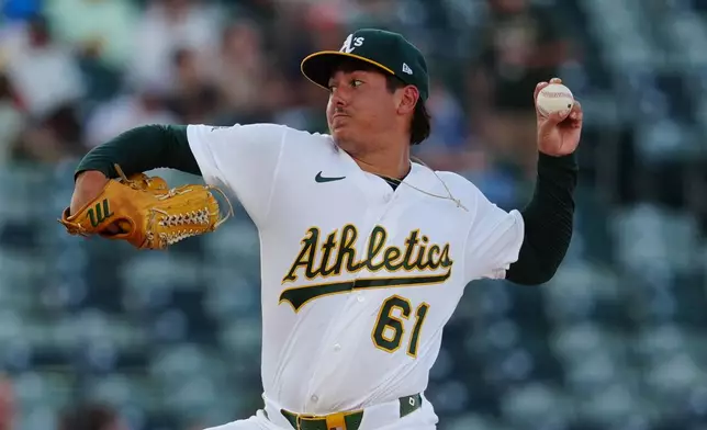 Athletics pitcher Gage Jump (61) throws during the first inning of a baseball game against the Minnesota Twins, Tuesday, Aug. 25, 2026, in West Sacramento, Calif. (AP Photo/Alan Greth)