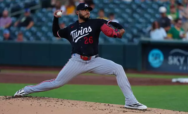 Minnesota Twins pitcher Taj Bradley (26) throws in the first inning of a baseball game against the Athletics Tuesday, Aug. 25, 2026, in West Sacramento, Calif. (AP Photo/Alan Greth)