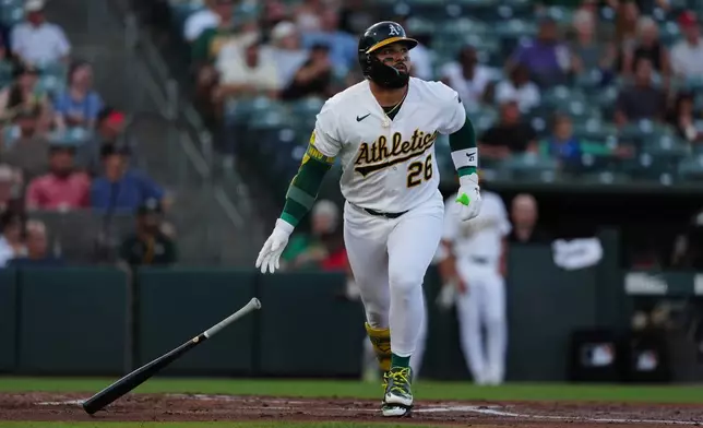 Athletics' Carlos Cortes watches his two-run home run in the second inning of a baseball game against the Minnesota Twins Tuesday, Aug. 25, 2026, in West Sacramento, Calif. (AP Photo/Alan Greth)