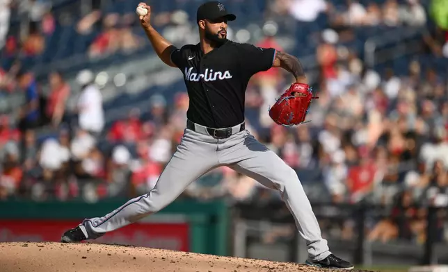Miami Marlins pitcher Sandy Alcantara throws during the third inning of a baseball game against the Washington Nationals, Saturday, Aug. 29, 2026, in Washington. (AP Photo/Nick Wass)