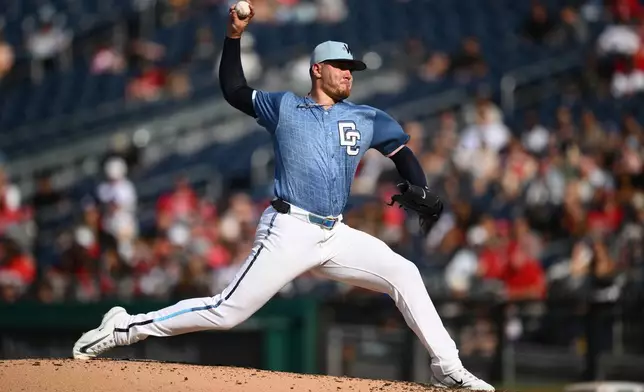 Washington Nationals pitcher Cade Cavalli throws during the third inning of a baseball game against the Miami Marlins, Saturday, Aug. 29, 2026, in Washington. (AP Photo/Nick Wass)