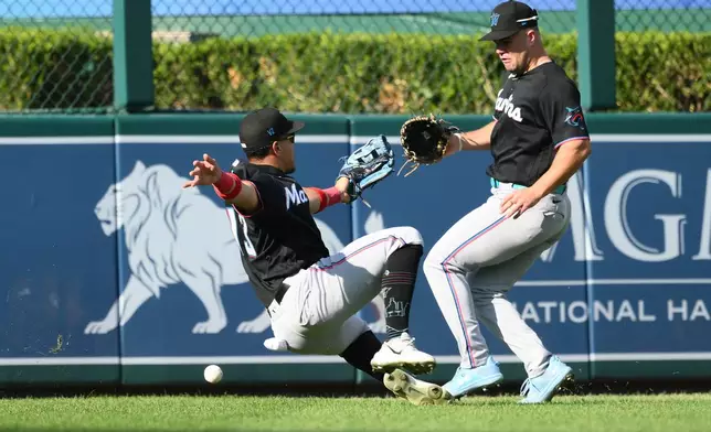 Miami Marlins left fielder Heriberto Hernández, left, and center fielder Jakob Marsee, right, cannot catch a ball that went for a double hit by Washington Nationals' Jorbit Vivas during the third inning of a baseball game, Saturday, Aug. 29, 2026, in Washington. (AP Photo/Nick Wass)