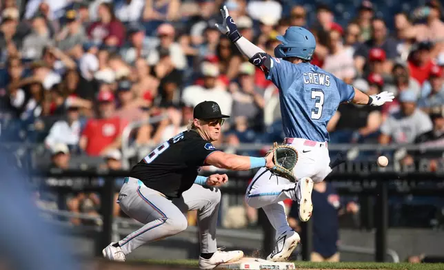 Washington Nationals' Dylan Crews (3) is safe at first base with a single against Miami Marlins first baseman Kyle Stowers, left, during the third inning of a baseball game, Saturday, Aug. 29, 2026, in Washington. (AP Photo/Nick Wass)