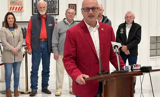 Denny Hoskins, Missouri's secretary of state, speaks to reporters at a campaign event on Nov. 4, 2024, inside a building at the Jefferson City Memorial Airport in Missouri. (AP Photo/David A. Lieb)