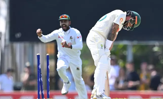 Australia's Jake Weatherald reacts after he was dismissed during play on day three of the first cricket test against Bangladesh in Darwin, Australia, Saturday, Aug. 15, 2026, (James Ross/AAPImage via AP)