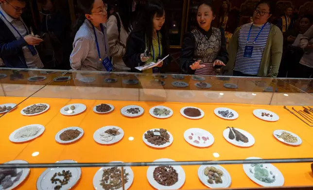 A worker introduces the herbs used in traditional Tibetan medicine produced by the Xizang Gansu Tibetan Medicine Co. Ltd in Lhasa, in western China's Tibet Autonomous Region on Wednesday, July 22, 2026 as seen during a government organized visit for foreign journalists. (AP Photo/Ng Han Guan)