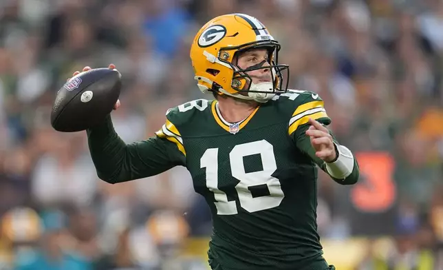 Green Bay Packers' Kyle McCord throws during the first half of a preseason NFL football game against the Arizona Cardinals Friday, Aug. 28, 2026, in Green Bay, Wis. (AP Photo/Abbie Parr)