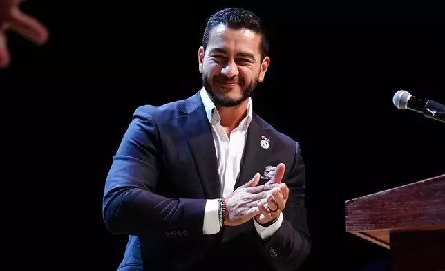 Abdul El-Sayed, a progressive candidate in the Democratic primary for U.S. Senate in Michigan, speaks during a primary election night event Wednesday, Aug. 5, 2026, at the Majestic Theatre in Detroit. (AP Photo/Julia Demaree Nikhinson)
