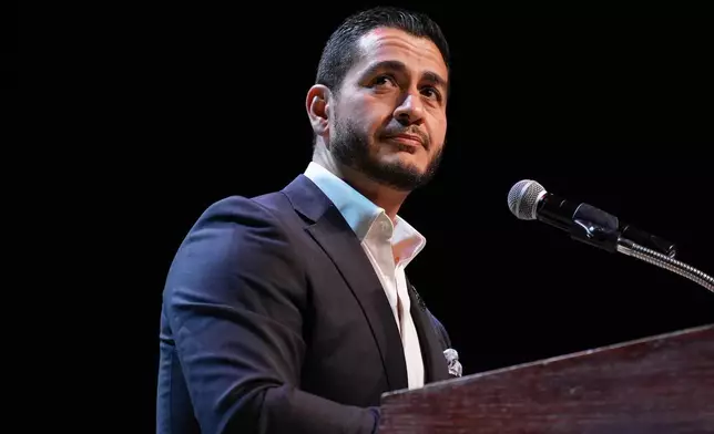 Abdul El-Sayed, a progressive candidate in the Democratic primary for U.S. Senate in Michigan, speaks during a primary election night event Wednesday, Aug. 5, 2026, at the Majestic Theatre in Detroit. (AP Photo/Julia Demaree Nikhinson)