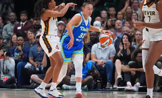 Dallas Wings forward Jessica Shepard (32) tries to dribble past Indiana Fever guard Kelsey Mitchell (0) during the first half of a WNBA basketball game in Dallas, Thursday, Aug. 20, 2026. (AP Photo/LM Otero)