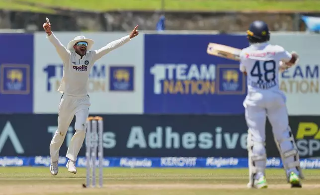 India's captain Shubman Gill celebrates the dismissal of Sri Lanka's Niroshan Dickwella during the day five of the first cricket test match between Sri Lanka and India in Galle, Sri Lanka, Wednesday, Aug. 19, 2026. (AP Photo/Eranga Jayawardena)