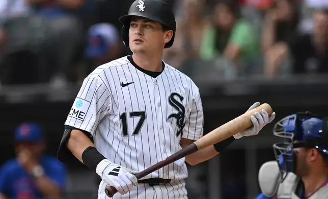 Chicago White Sox's Sam Antonacci (17) reacts after striking out during the first inning of a baseball game against the New York Mets in Chicago, Sunday, Aug. 23, 2026. (AP Photo/Paul Beaty)